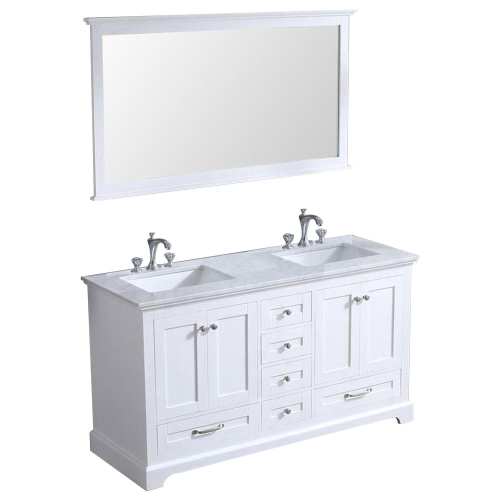 Lexora Home Dukes 60" Double Bathroom Vanity in White with Carrara Marble Top, Rectangle Sinks, Chrome Faucets and Mirror, , large