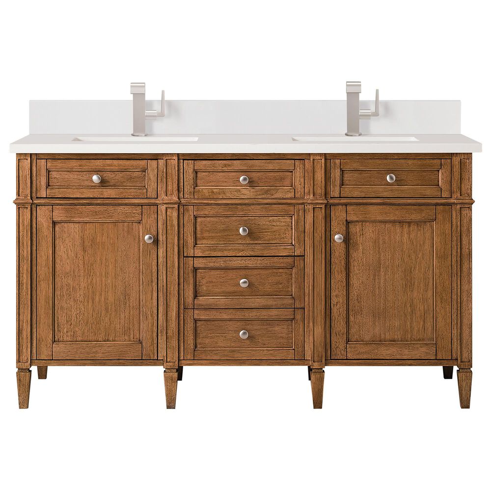 James Martin Vanities Brittany 60" Double Bathroom Vanity in Saddle Brown with 3 cm White Zeus Quartz Top and Rectangular Sinks, , large