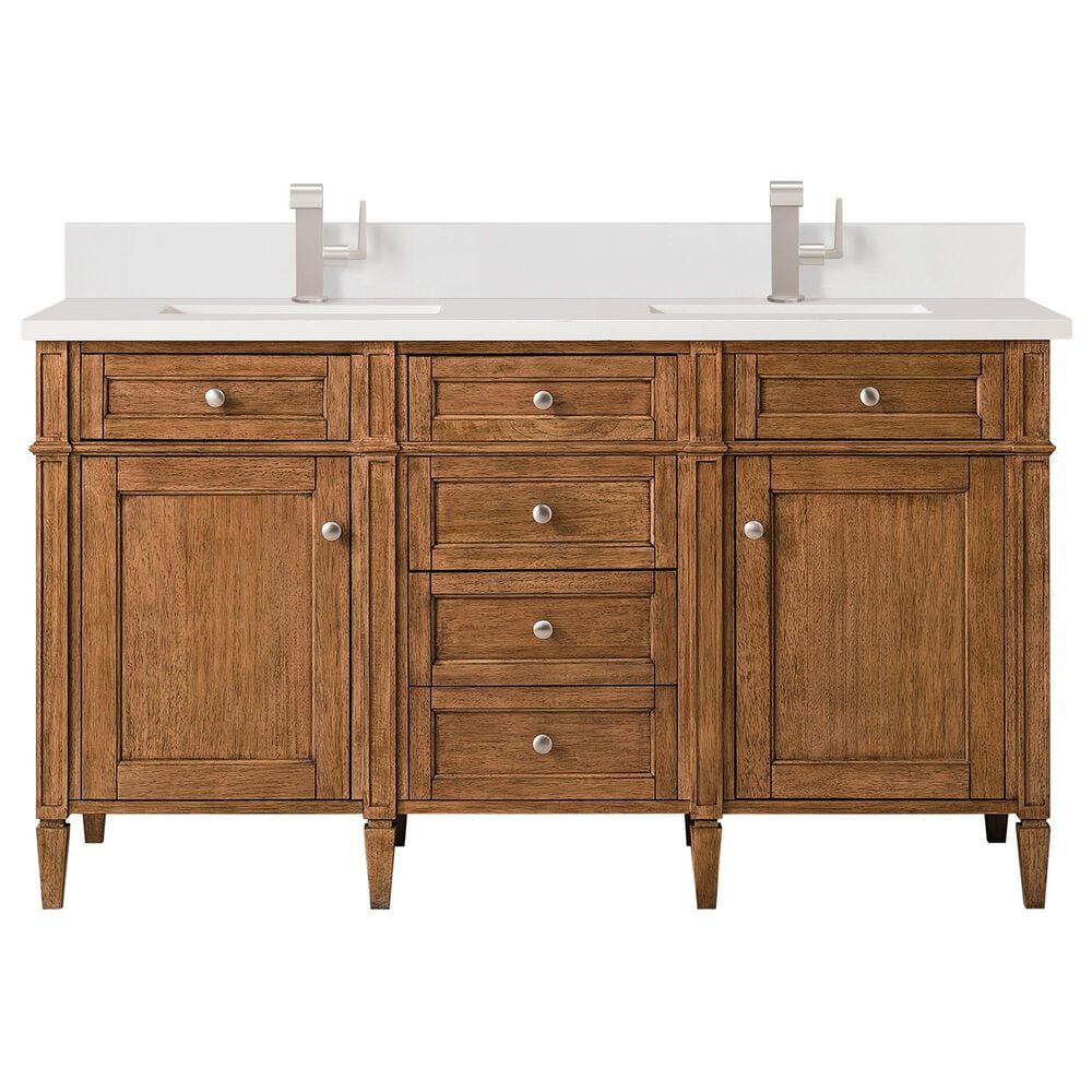 James Martin Vanities Brittany 60" Double Bathroom Vanity in Saddle Brown with 3 cm White Zeus Quartz Top and Rectangular Sinks, , large