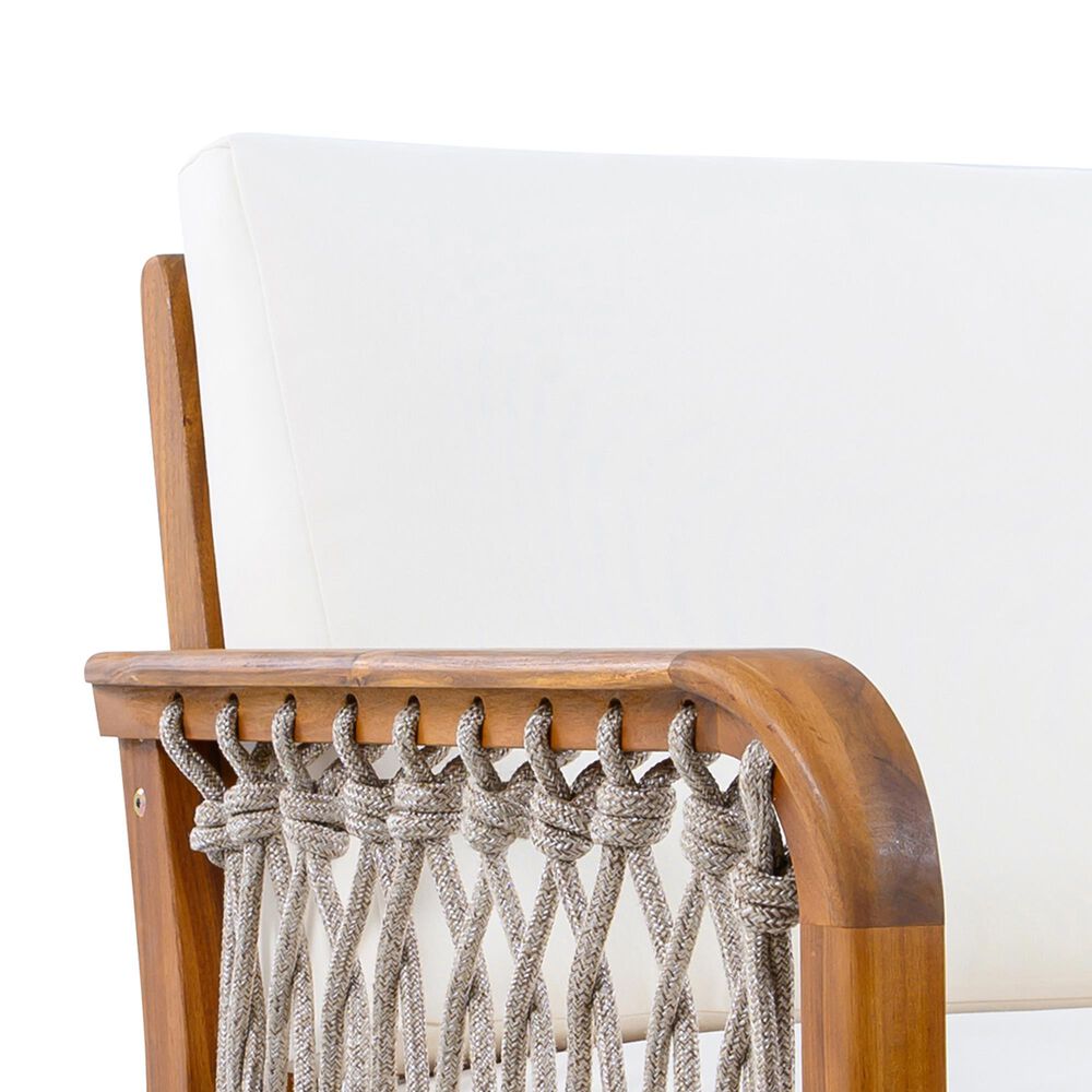 Hearth and Haven Outdoor Club Chair with Handwoven Rope Armrest and Light Teak Frame in Cream, , large