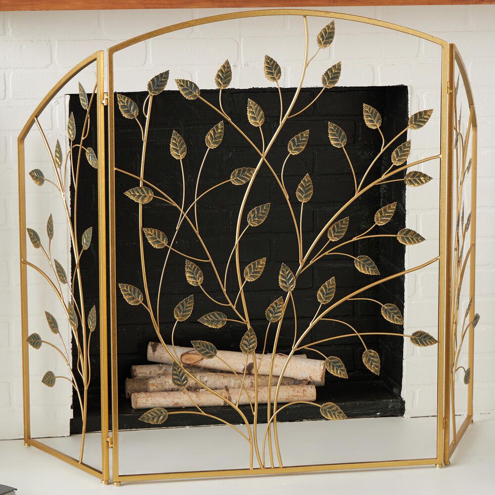 Maple and Jade Leaf Foldable Three Panel Fireplace Screen in Satin Gold, , large