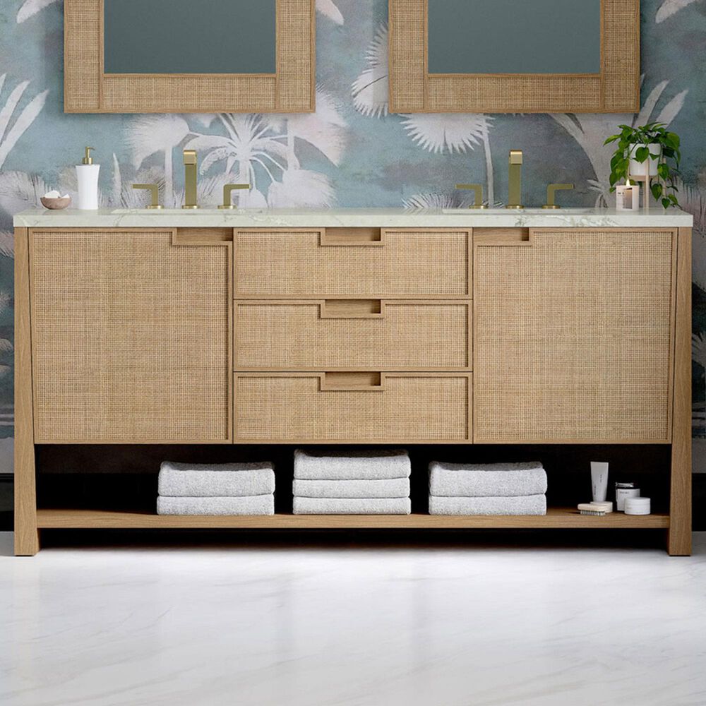 James Martin Solene 72&quot; Double Bathroom Vanity in Seaside Oak with 3 cm Ethereal Noctis Quartz Top, Rectangular Sinks and FreePower Wireless Charger, , large