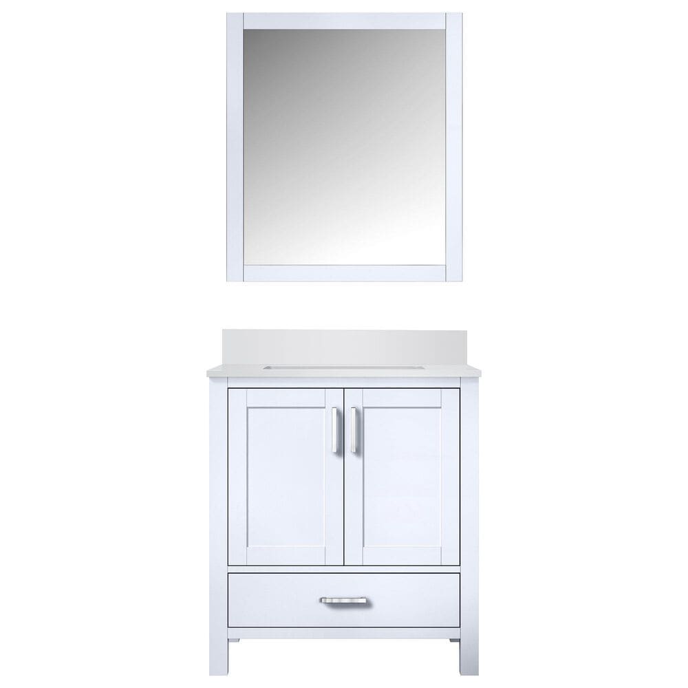 Lexora Home Jacques 30&quot; Single Bathroom Vanity in Navy Blue with 2 cm White Quartz Top, Rectangular Sink and 28&quot; Mirror, , large