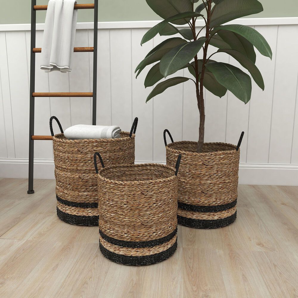 Maple and Jade Seagrass Storage Basket in Brown and Black &#40;Set of 3&#41;, , large