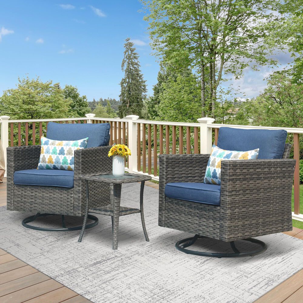 HOMLUX 3-Piece Patio Conversation Set with Square-Arm Swivel Rocking Chairs in Denim Blue, , large
