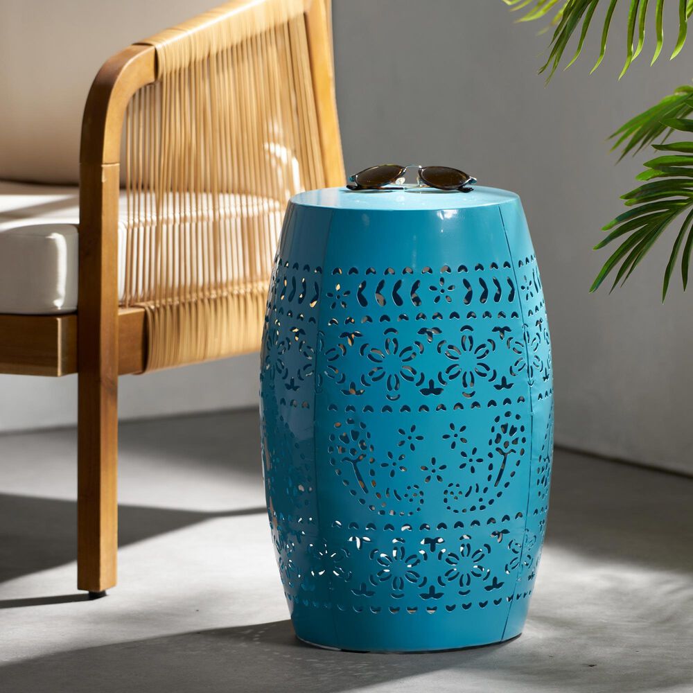 Hearth and Haven Ruby Outdoor Barrel End Table with Lace-Cut Design in Blue, , large