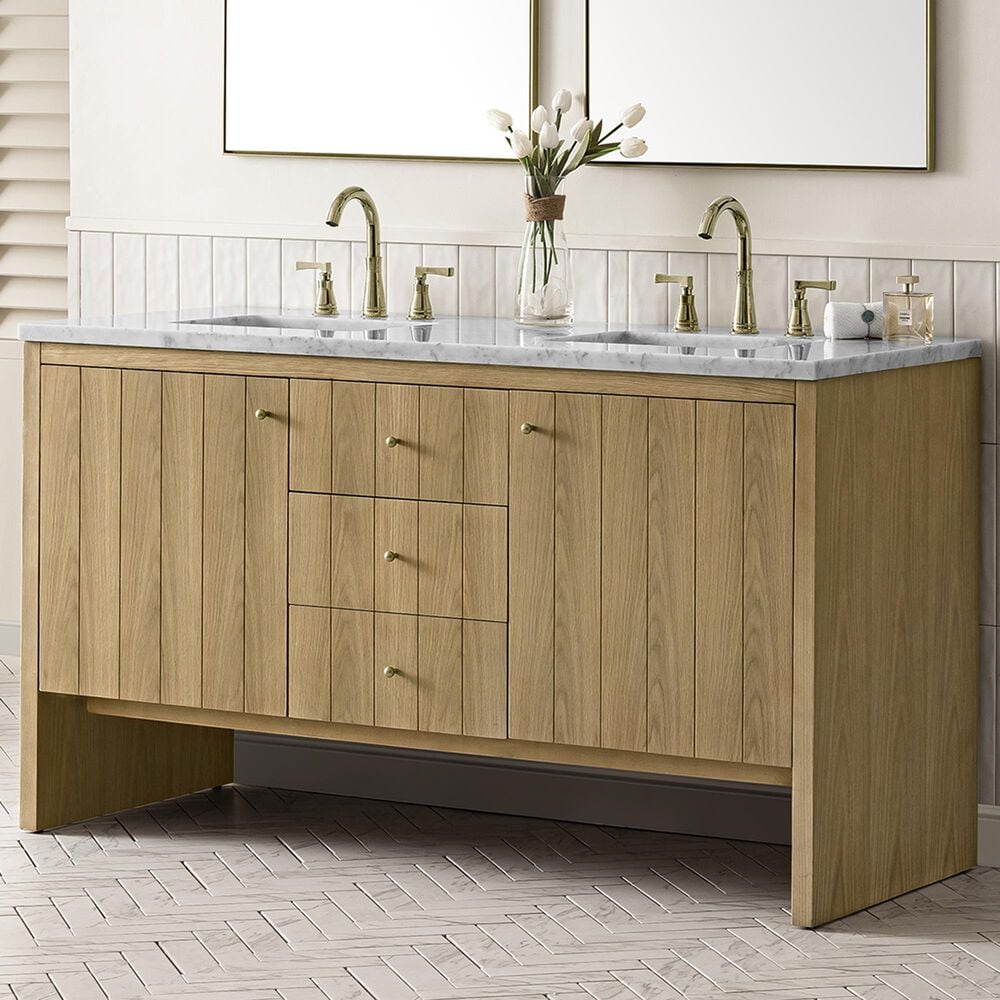 James Martin Vanities Hudson 60&quot; Double Bathroom Vanity in Light Natural Oak with 3 cm Arctic Fall Solid Surface Top and Rectangular Sinks, , large