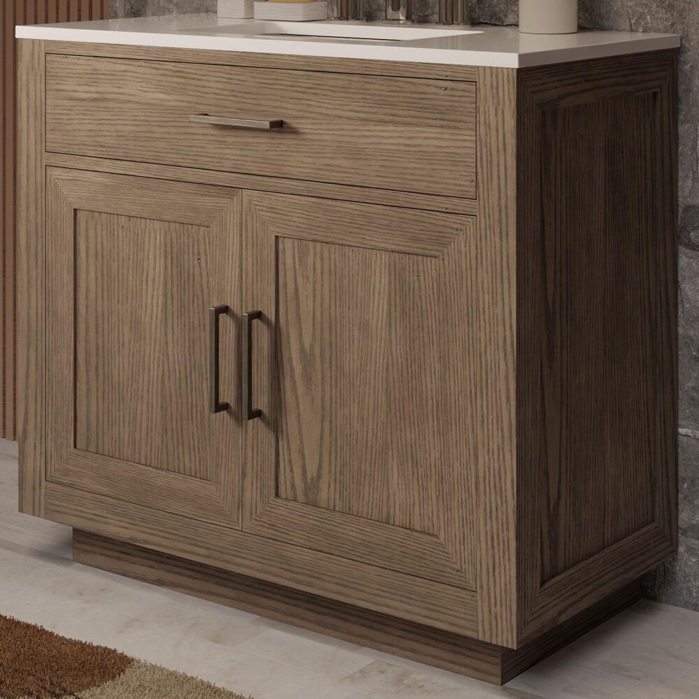 Lexora Home Abbey 36&quot; Single Bathroom Vanity in Grey Oak with 2 cm White Quartz Top and Rectangular Sink, , large
