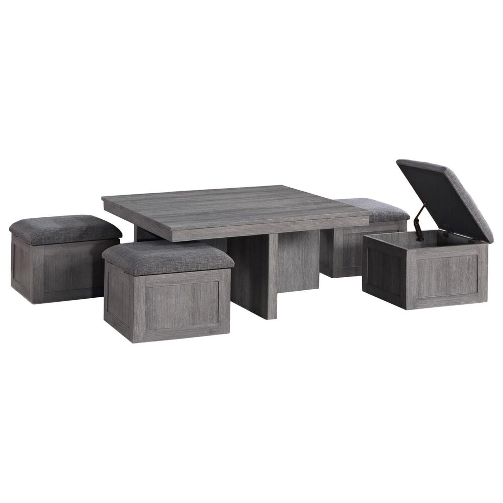 HOMLUX 5-Piece 38" Coffee Table Set with 4 Nested Storage Stools in Distressed Gray, , large