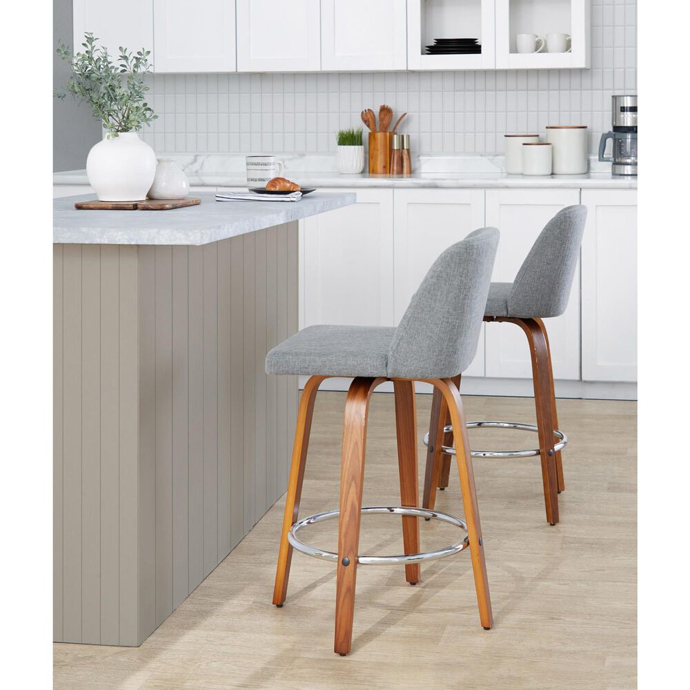 LumiSource Toriano Swivel Counter Stool with Grey Fabric Upholstery in Walnut and Chrome (Set of 2), , large