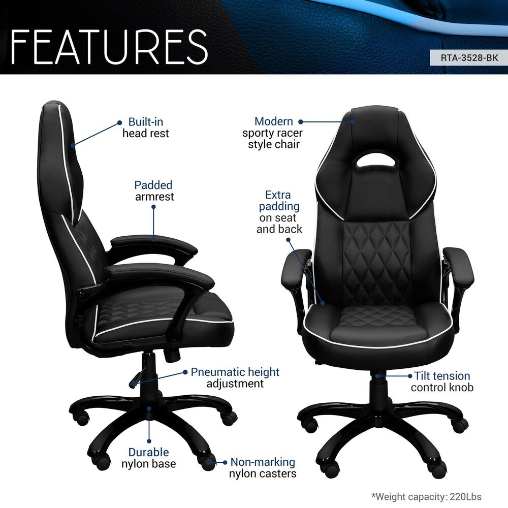 Rta Products Llc High Back Executive Sport Race Office Chair in Black, , large