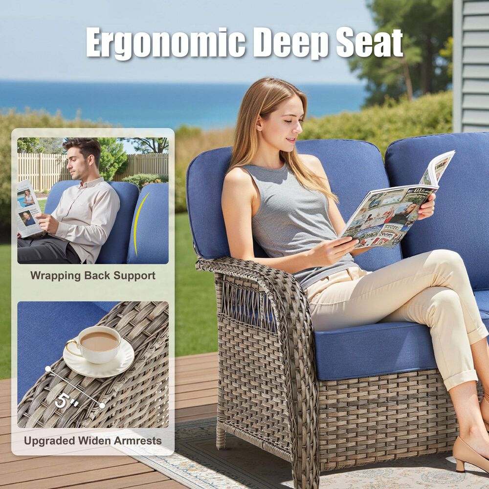 Hearth and Haven Outdoor Sofa with T-back Cushions and Gray Wicker in Blue, , large