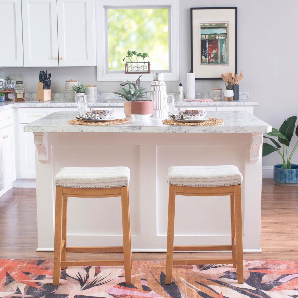 Linon Home Decor Claridge Counter Stool with Striped Beige Cushion in Rustic Brown, , large