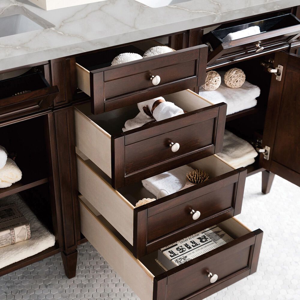 James Martin Vanities Brittany 60&quot; Double Bathroom Vanity in Burnished Mahogany with 3 cm Victorian Silver Quartz Top and Rectangular Sinks, , large