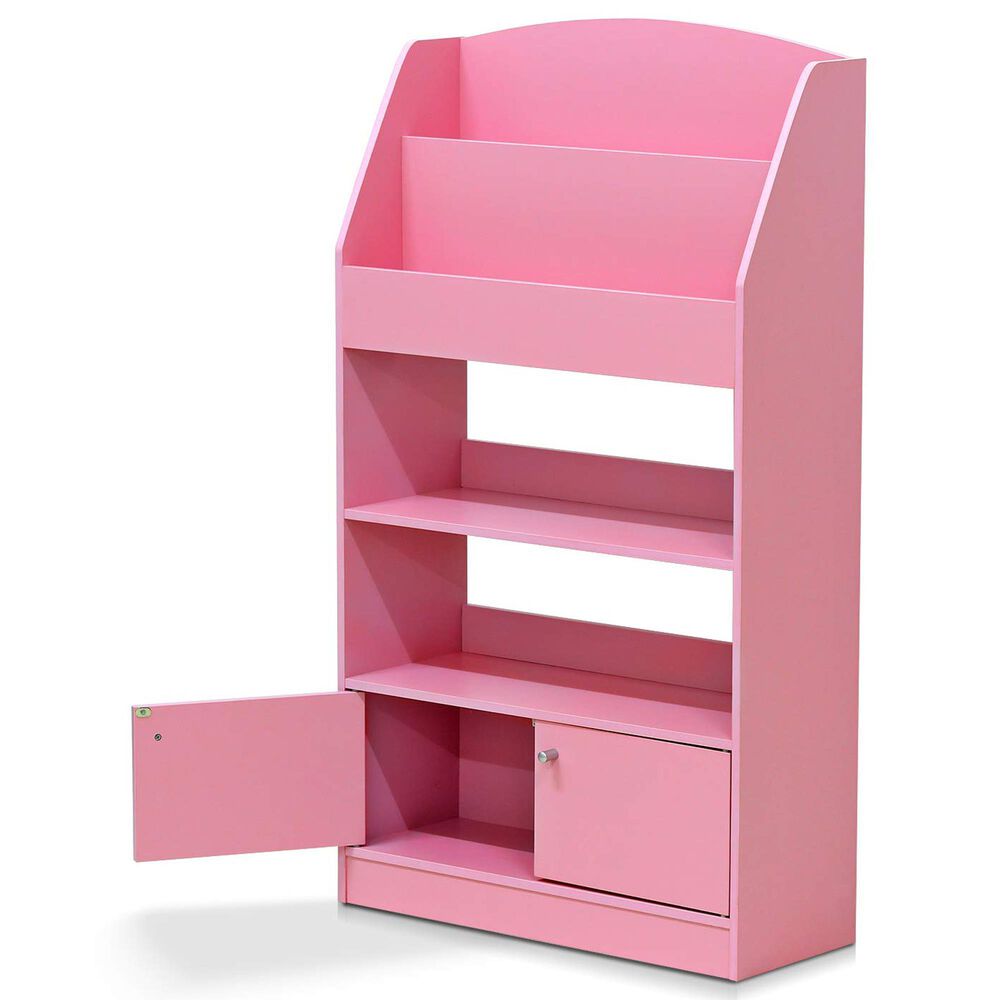 HOMLUX 4-Tier Space Saving Bookshelf with Storage Cabinet and Door in Pink, , large