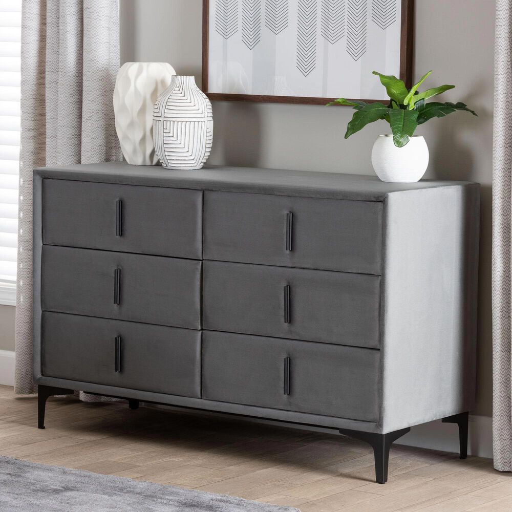 Baxton Studio Etienne 6-Drawer Dresser with Slate Grey Upholstered in Black, , large
