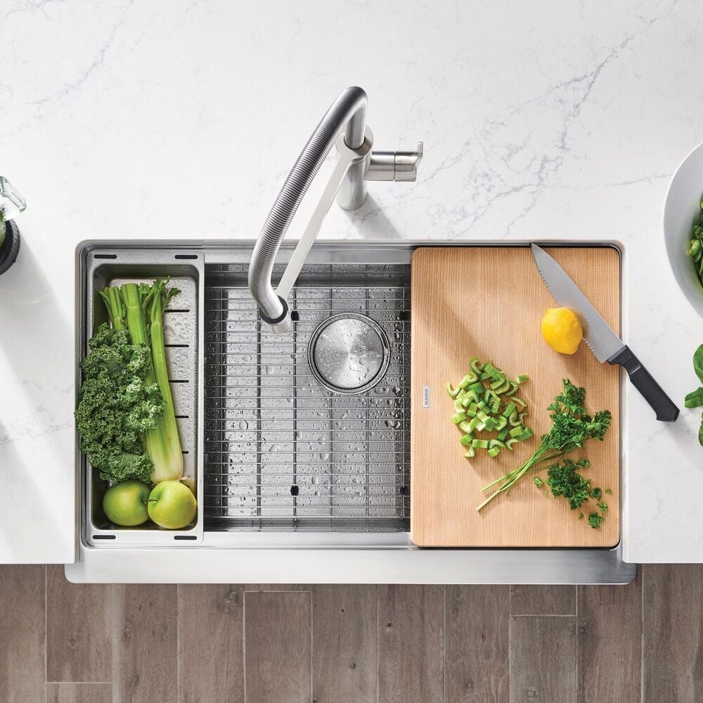 Blanco Quatrus 33&quot; R15 Ergon Apron Super Single Farmhouse Kitchen Sink in Refined Brushed, , large