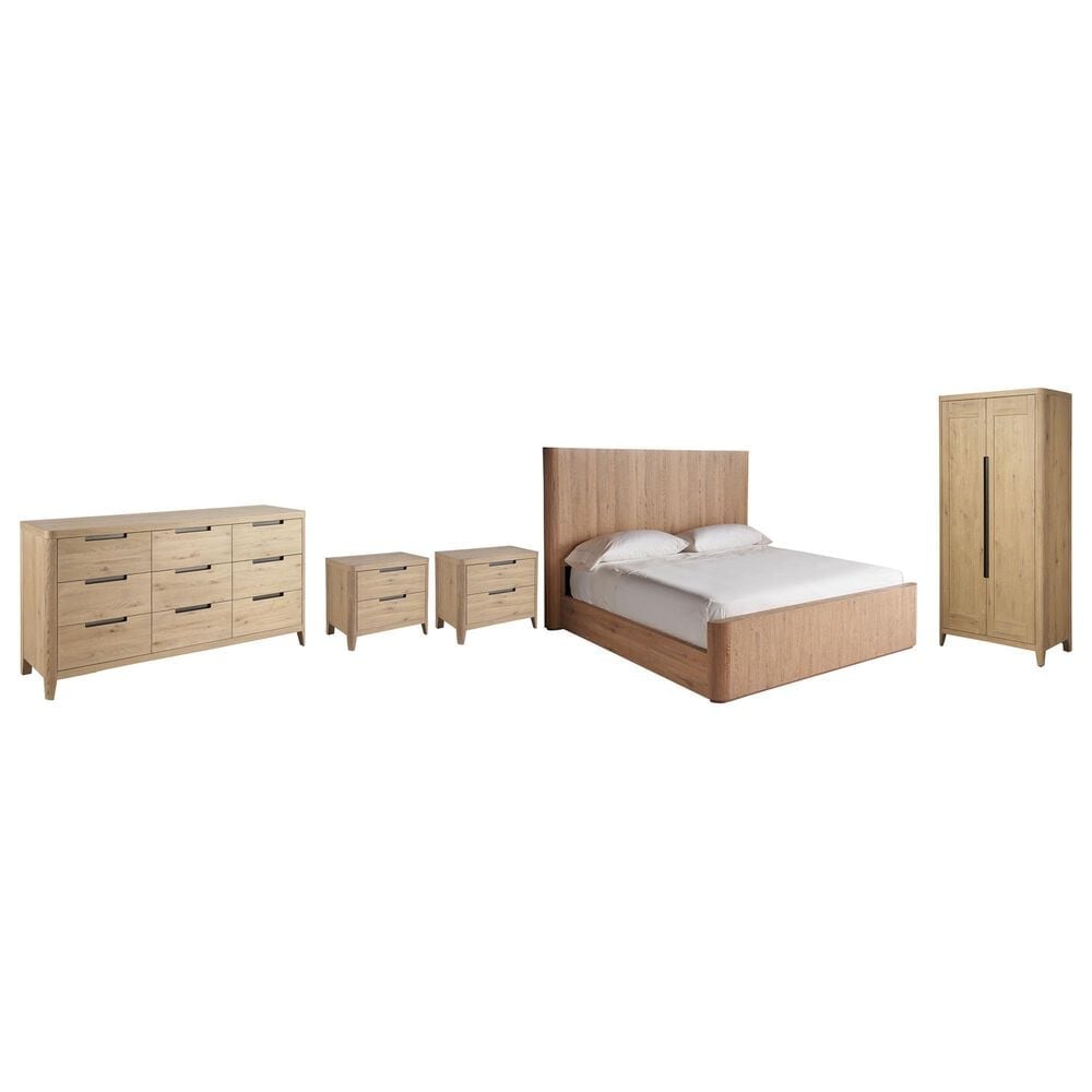 Universal Furniture Modern Walker Queen Panel Bed with Dresser, Wardrobe and Two Nightstands in Natural Oak with AC Outlets and USB Ports, , large