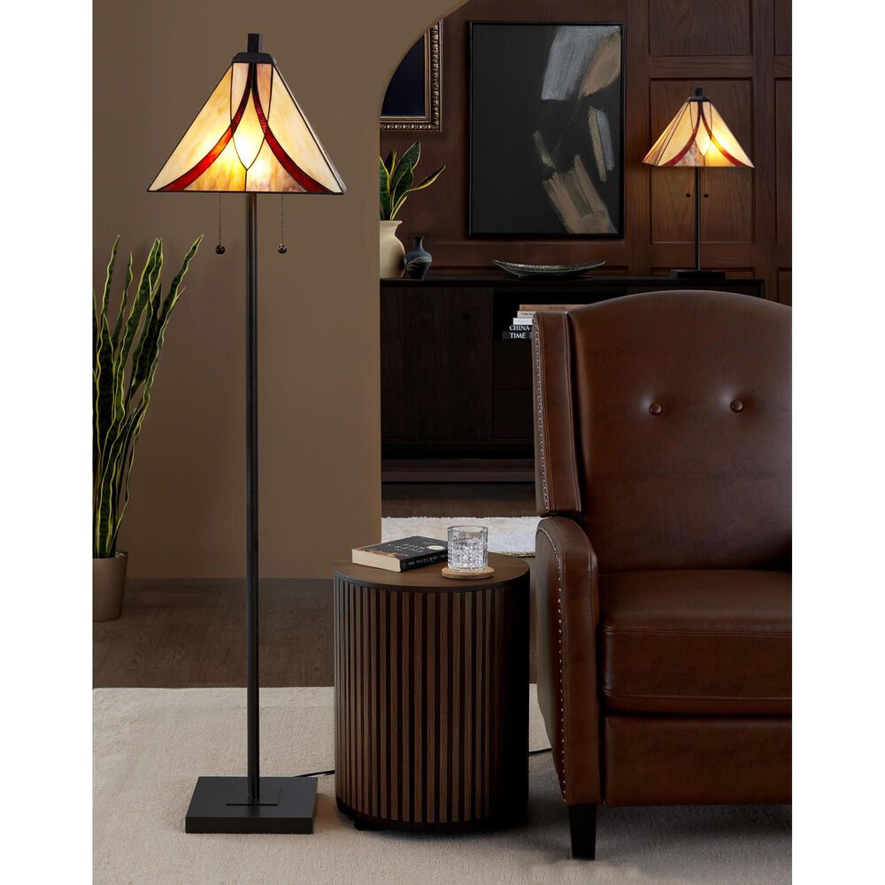 LumiSource Ren Floor Lamp with Brown and Cream Glass Shade in Oil Rubbed Bronze, , large
