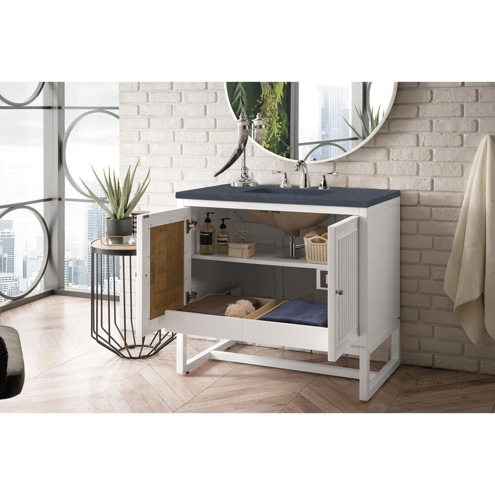 James Martin Vanities Athens 36&quot; Single Bathroom Vanity in Glossy White with 3 cm Charcoal Soapstone Quartz Top and Rectangular Sink, , large