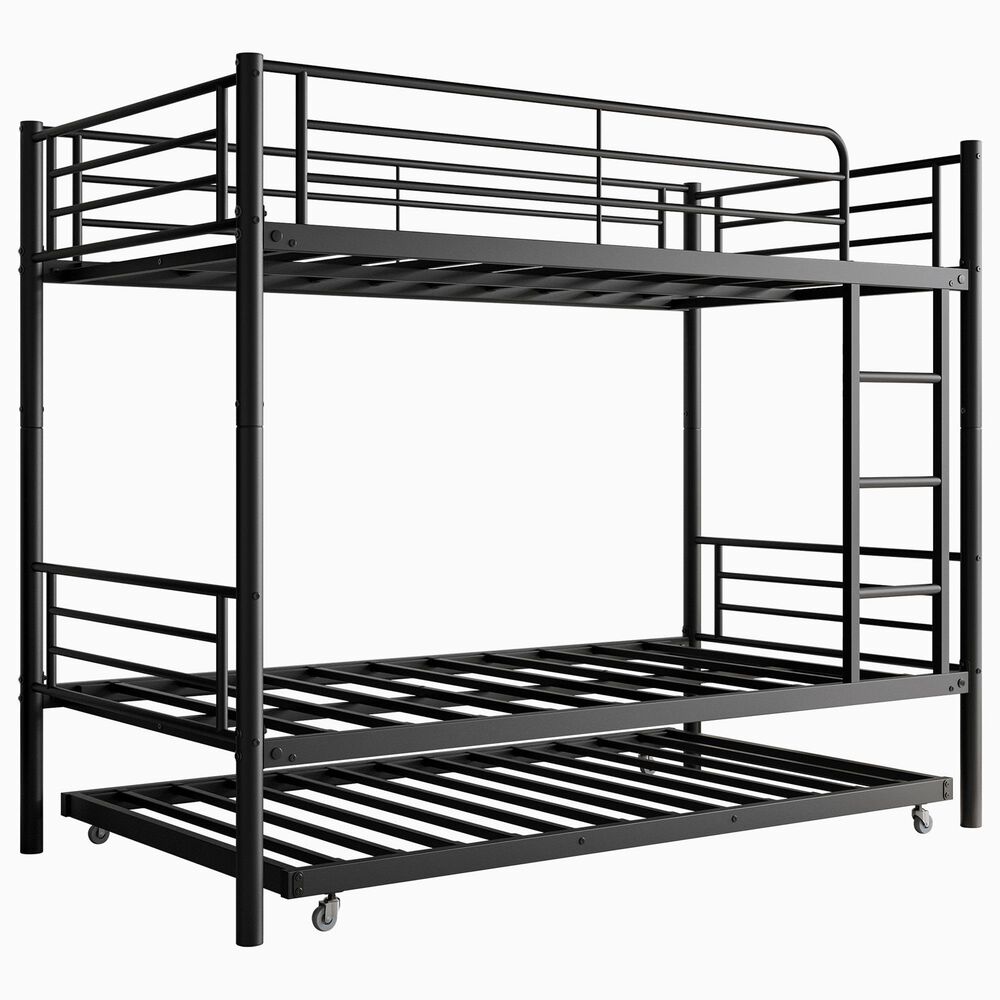 Hearth and Haven Twin Metal Bunk Bed with Trundle Ladder and Full-Length Guardrail in Black, , large