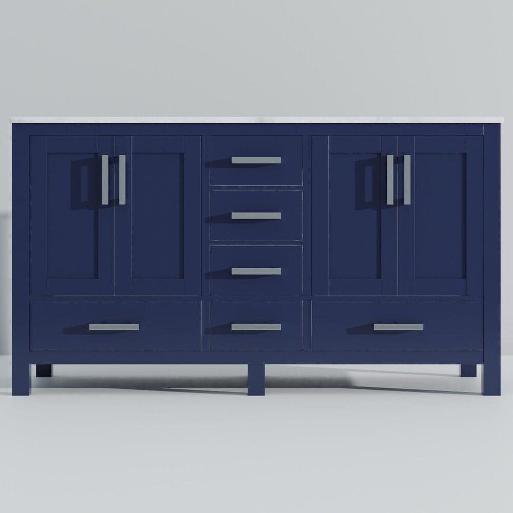Lexora Home Jacques 60&quot; Double Bathroom Vanity in Navy Blue with 2 cm White Carrara Marble Top and Rectangular Sinks, , large