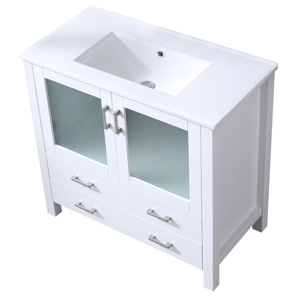 Lexora Home Volez 36&quot; Single Bathroom Vanity in White with 2 cm White Ceramic Top and Rectangular Sink, , large