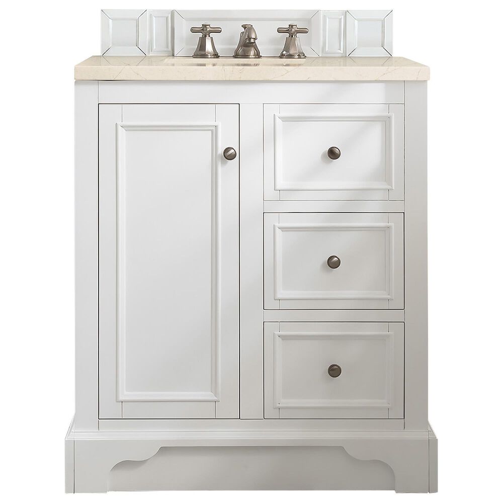 James Martin Vanities De Soto 30" Single Bathroom Vanity in Bright White with 3 cm Eternal Marfil Quartz Top and Rectangular Sink, , large