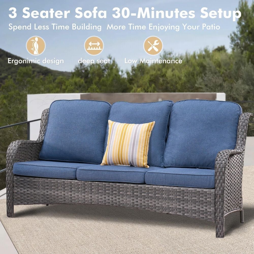 HOMLUX 3-Piece 72" Patio Sofa and Ottoman Set in Denim Blue, , large