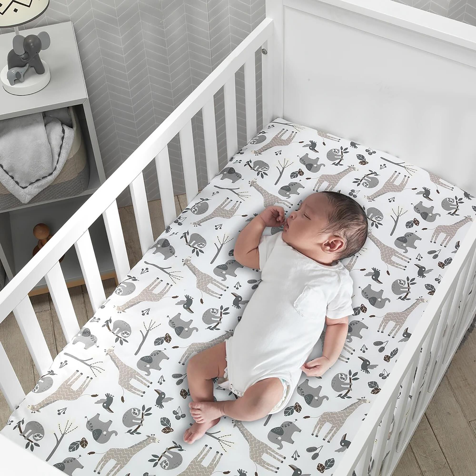 Lambs and Ivy Baby Jungle Animals Fitted Crib Sheet in Gray White