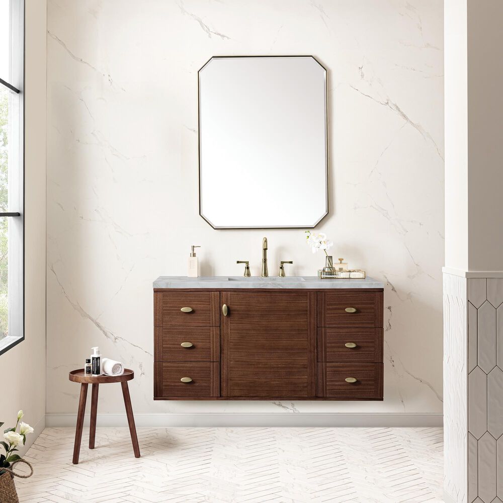 James Martin Vanities Amberly 48&quot; Single Bathroom Vanity in Mid-Century Walnut with 3 cm Victorian Silver Quartz Top and Rectangular Sink, , large