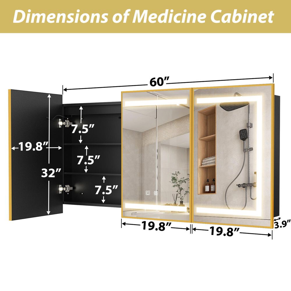 HOMLUX 60" x 32" Bathroom Medicine Cabinet with Mirror in Gold, , large