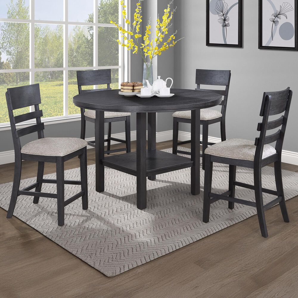 Crown Mark 5 Piece Counter Height Dining Set in Black Finish and Charcoal Upholstery, , large