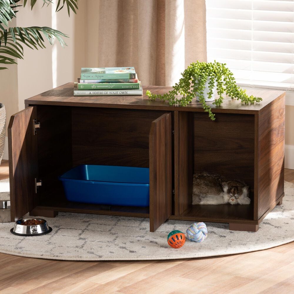 Baxton Studio Jasper 2-Door Cat Litter Box Cover House in Walnut Brown, , large