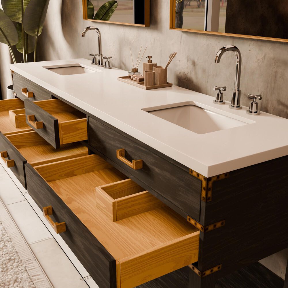 Lexora Home Norwalk 84&quot; Double Bathroom Vanity in Black Oak with White Quartz Top and Rectangular Sinks, , large