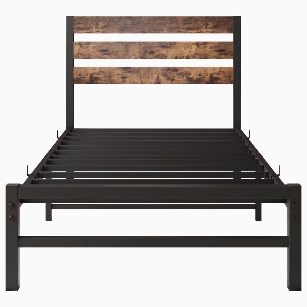 Hearth and Haven Twin Platform Bed with Slat Wood Headboard in Black and Rustic Brown, , large