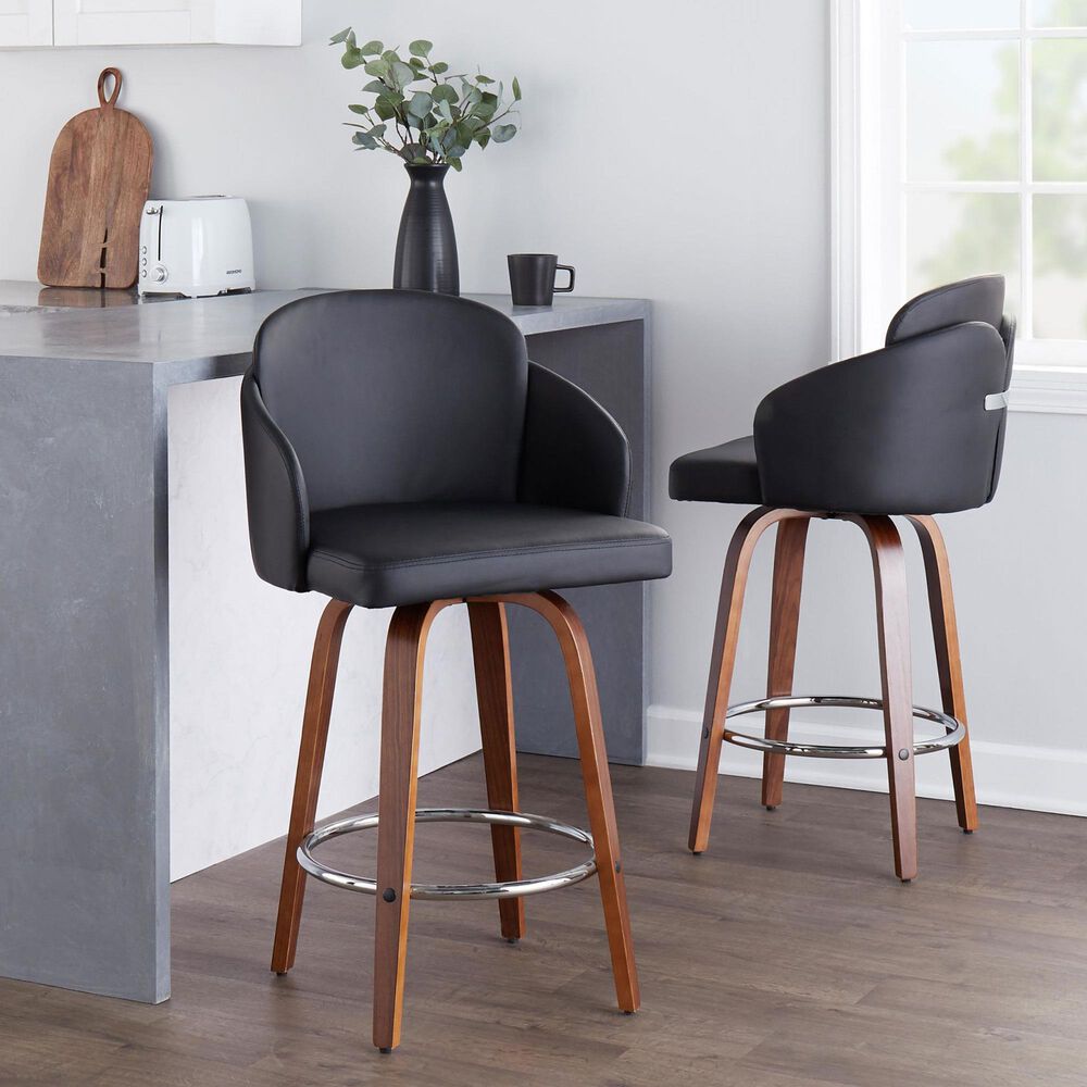 LumiSource Dahlia Swivel Counter Stool with Black Faux Leather Upholstery in Walnut and Chrome (Set of 2), , large