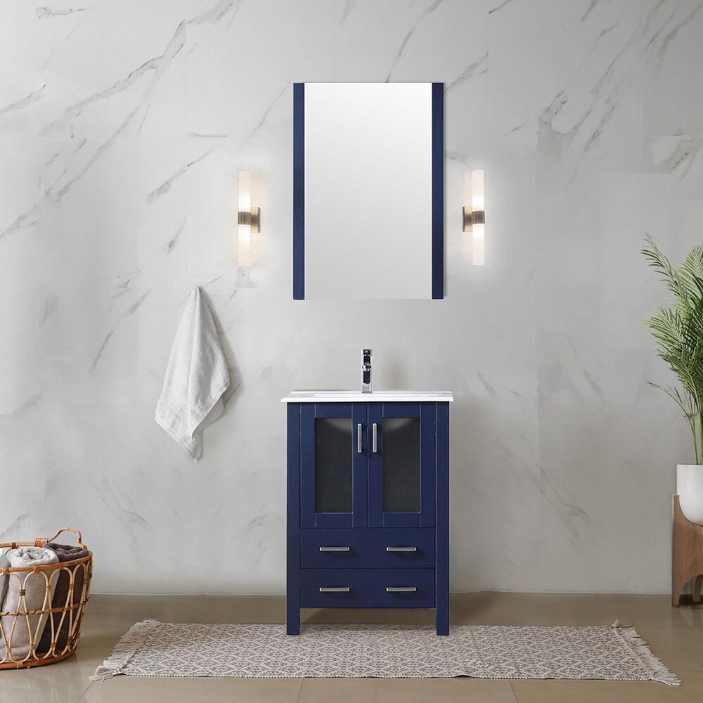 Lexora Home Volez 24&quot; Single Bathroom Vanity in Navy Blue with 2 cm White Ceramic Top and Rectangular Sink, , large