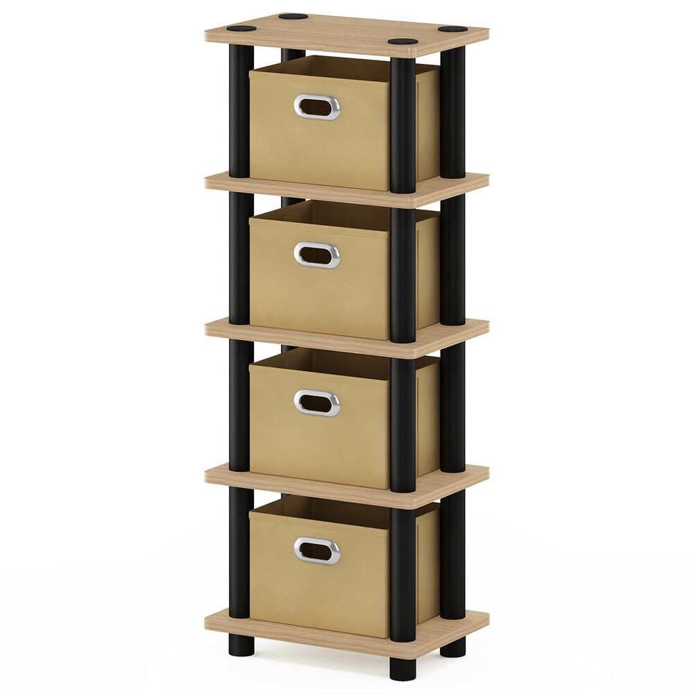 HOMLUX 5-Tier Tall Corner Open Bookshelf with 4 Storage Bins in Oak and Black, , large