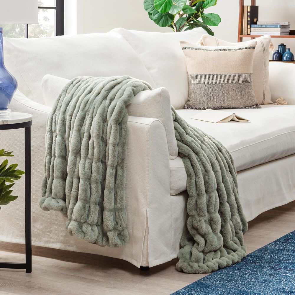50&quot; x 65&quot; Ruched Faux Fur Throw Blanket in Tan Sage, , large