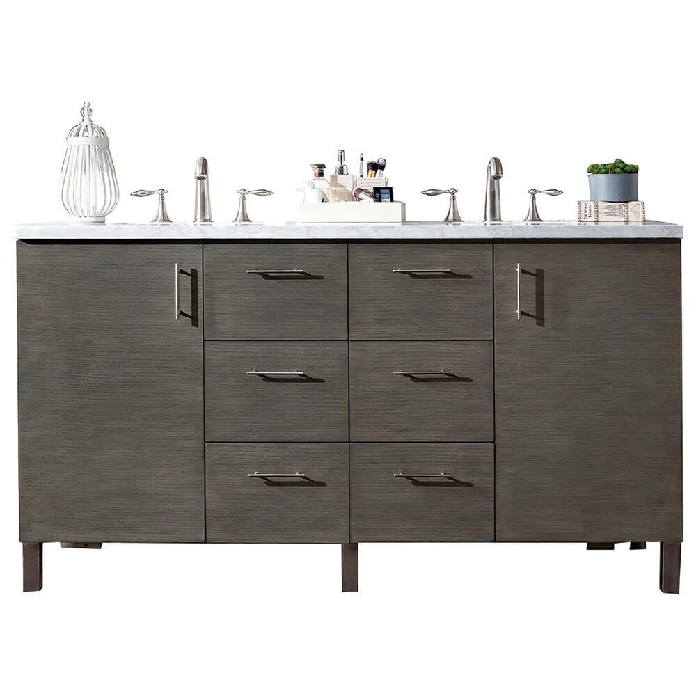 James Martin Vanities Metropolitan 60" Double Bathroom Vanity in Silver Oak with 3 cm Eternal Jasmine Pearl Quartz Top and Rectangular Sinks, , large