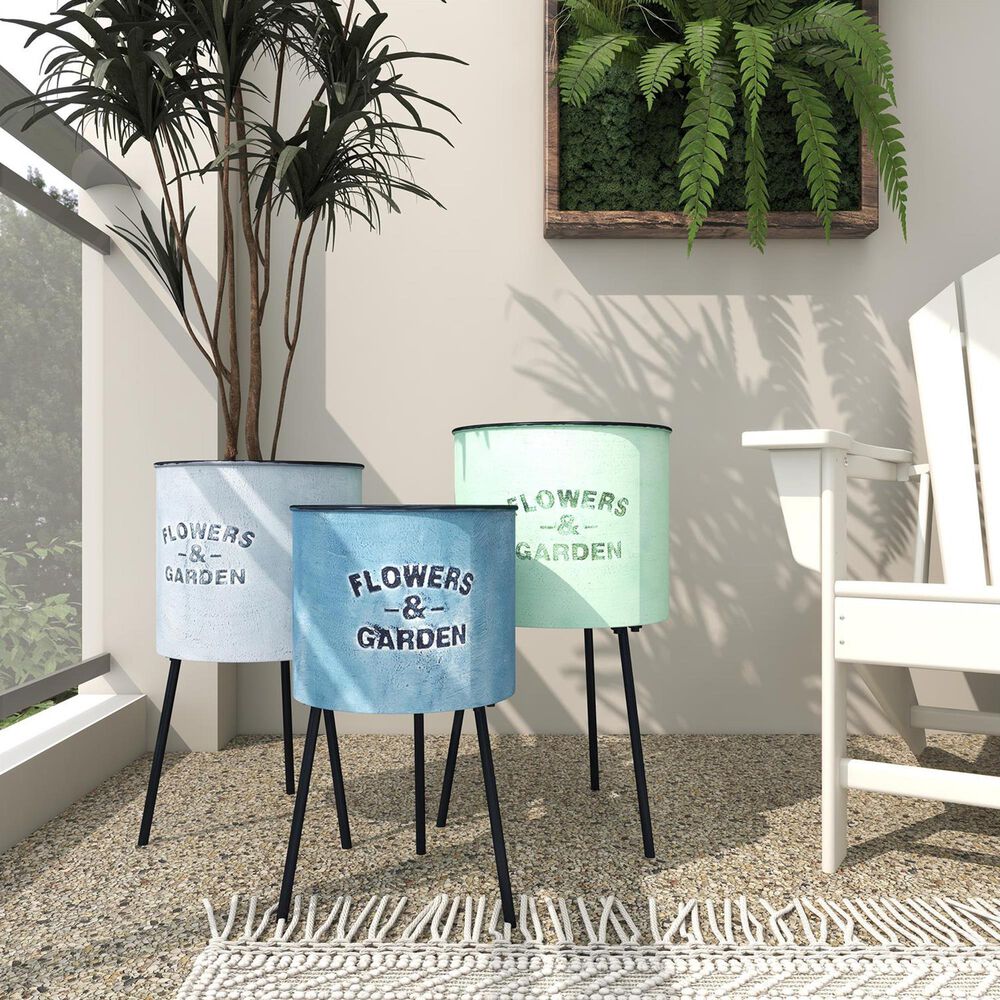 Maple and Jade Flowers and Garden Text Planter in Whitewashed Blue, Green and Gray &#40;Set of 3&#41;, , large