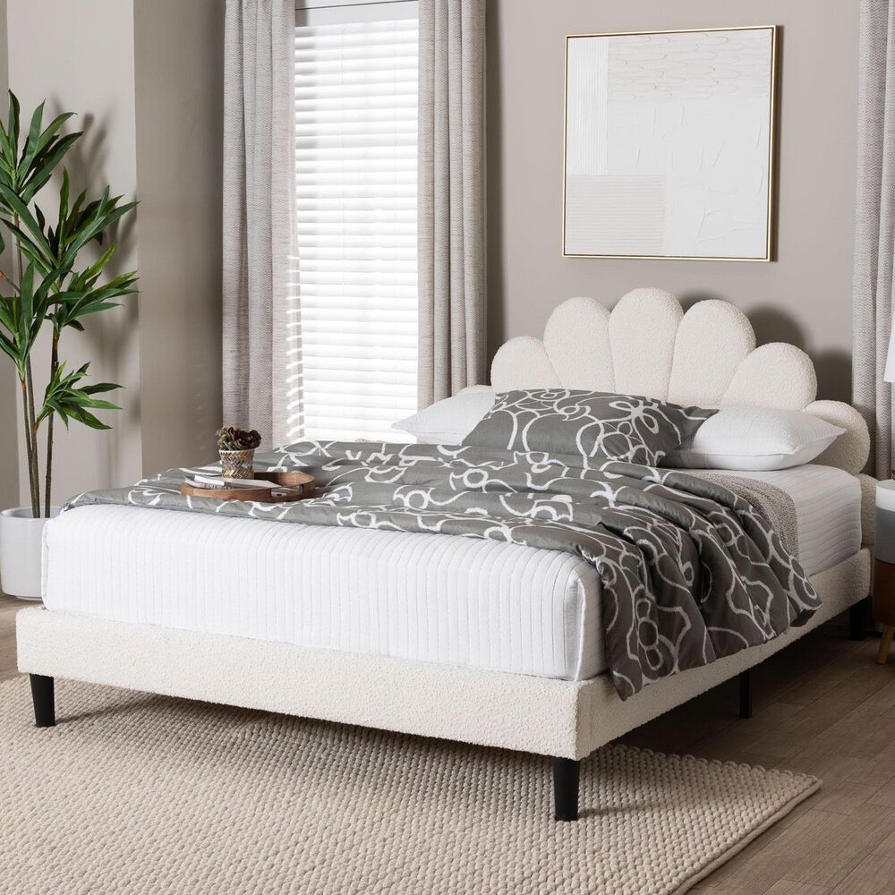 Baxton Studio Albion Boucle Queen Upholstered Platform Bed in Cream, , large