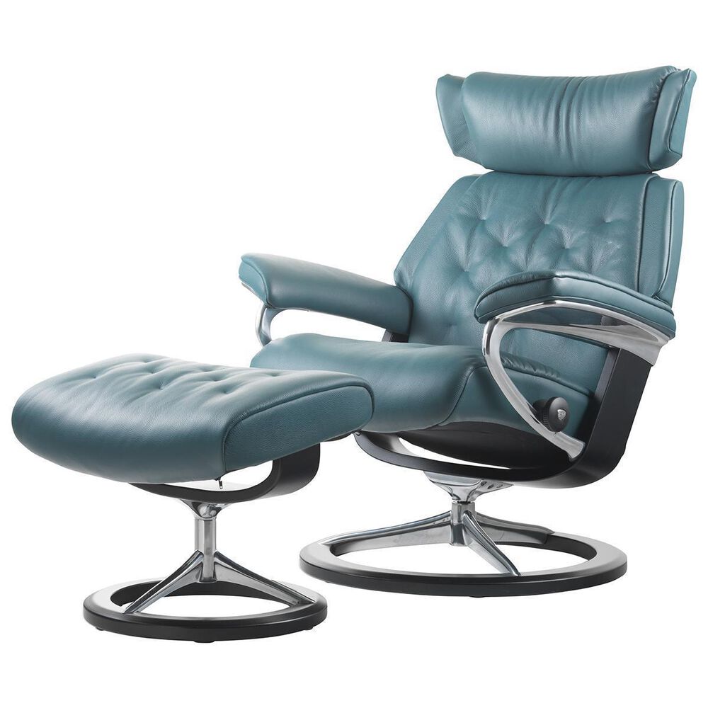 Ekornes Skyline Large Chair and Ottoman with Black Signature Base in Cori Petrol, , large