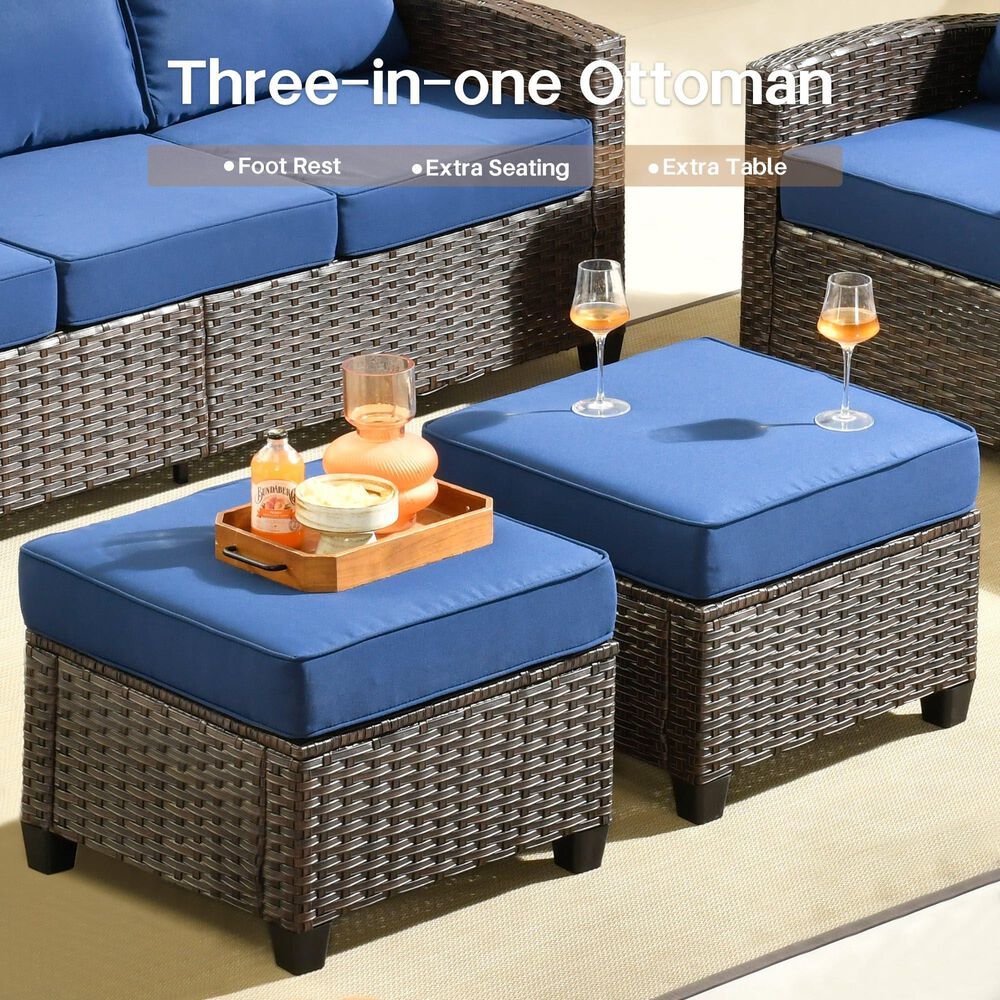 HOMLUX 5-Piece Patio Conversation Set with Brown Wicker in Navy Blue, , large