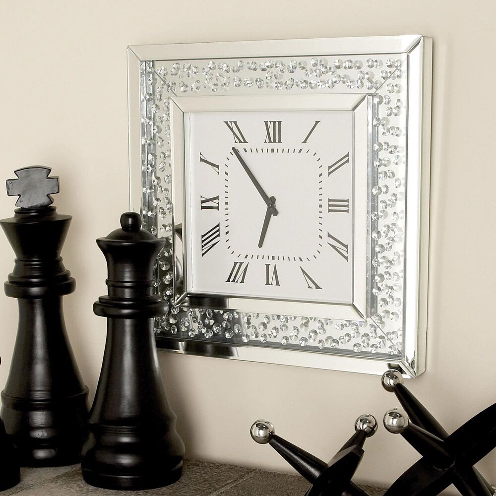 Maple and Jade Decorative Wall Clock with Floating Crystals in Silver, , large