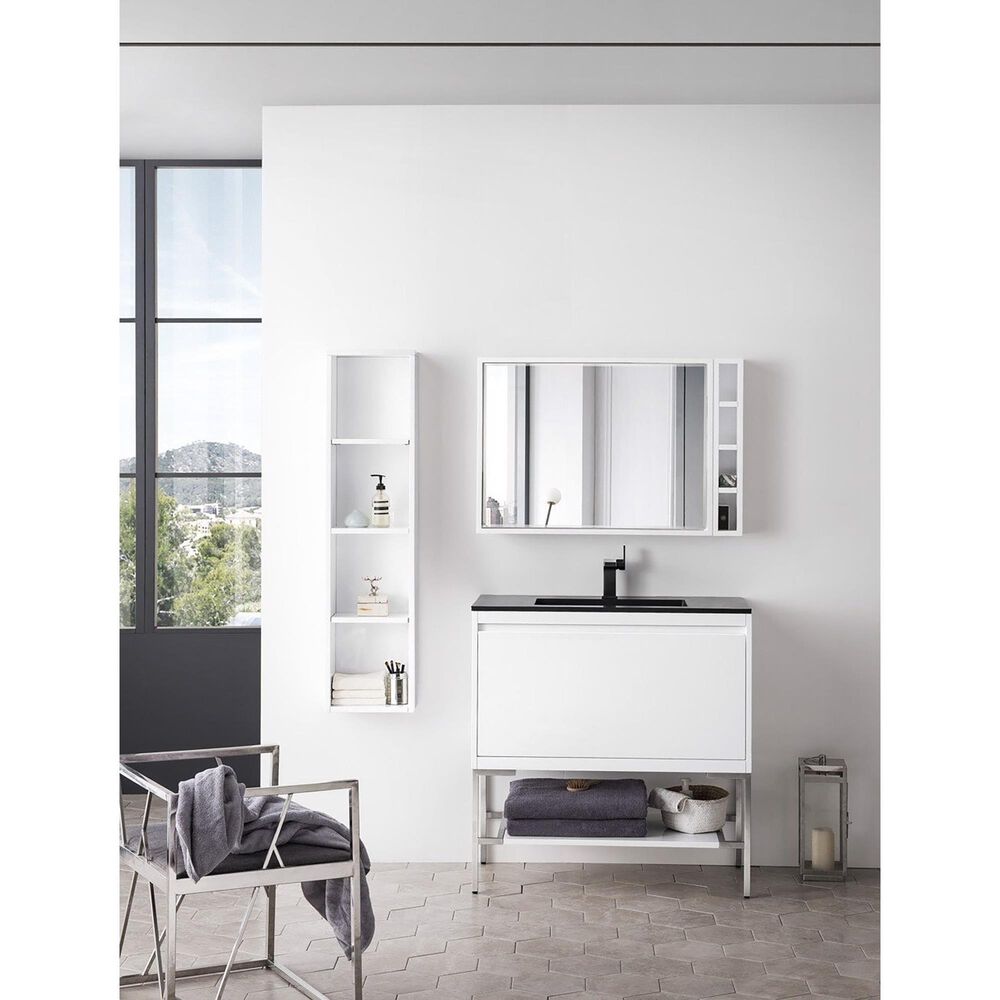 James Martin Vanities Mantova 35.4&quot; Single Bathroom Vanity in Glossy White and Brushed Nickel with 2 cm Charcoal Black Resin Countertop and Rectangular Sink, , large
