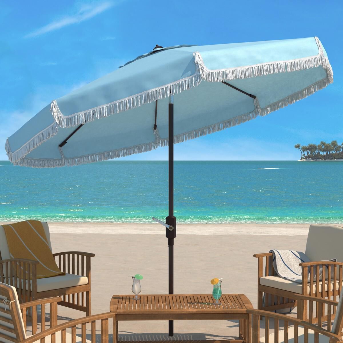 Safavieh Milan Fringe 9Ft Crank Baby Blue and White Outdoor Push