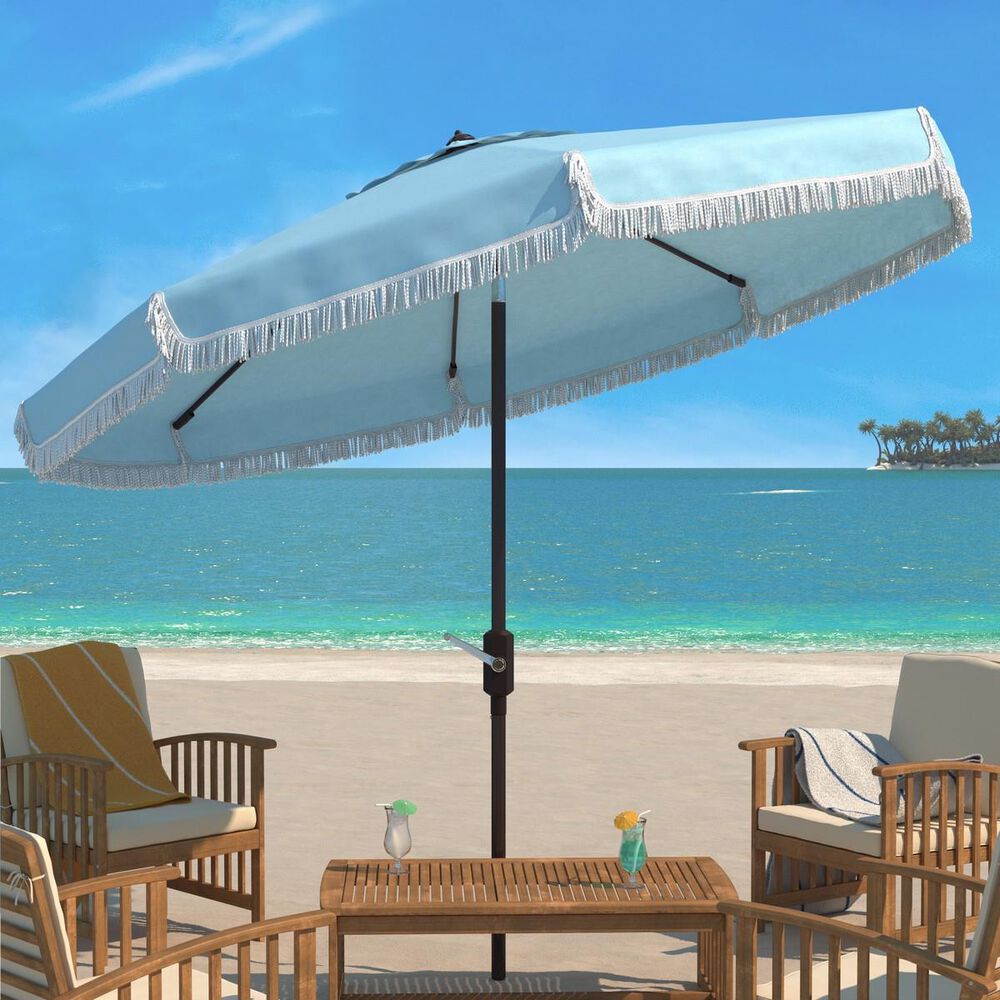 Safavieh Milan Fringe 9Ft Crank Baby Blue and White Outdoor Push Button Tilt Umbrella, , large