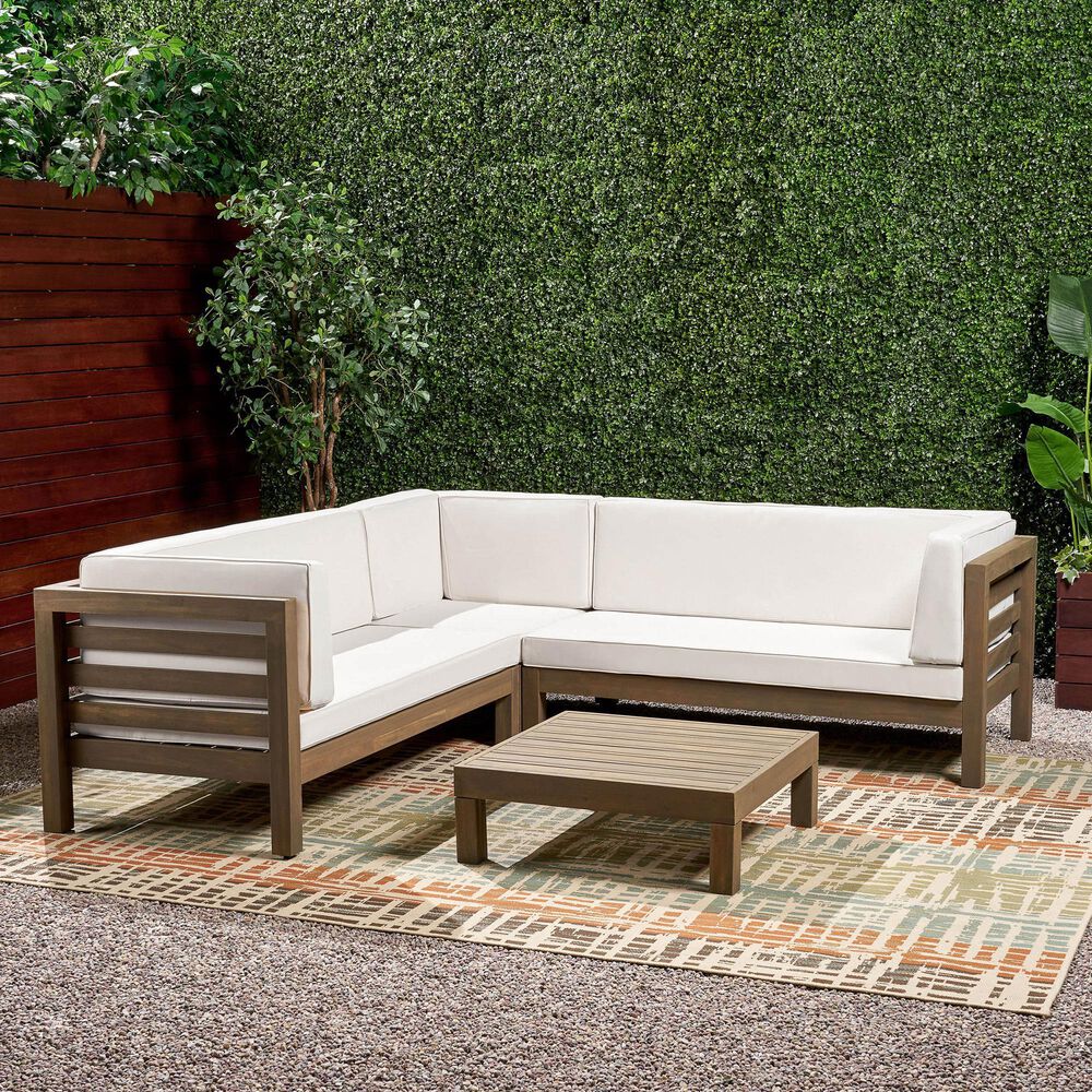Noble House Oana 4-Piece Patio Sectional Set with White Cushion in Gray, , large